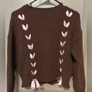 Vestique Bella sweater! S, never worn, chocolate brown with pink bows